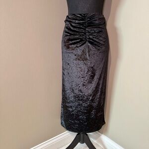 Wayf black crushed velvet‎ ruched waist black Midi Skirt size medium side slit